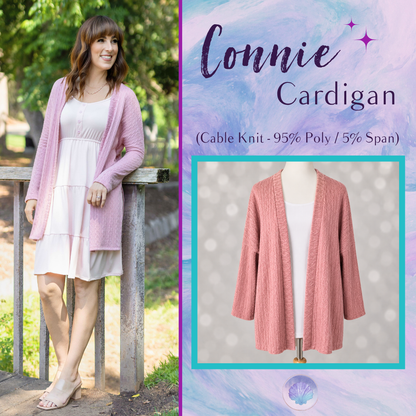 LuLaRoe Connie Lightweight Overlay in Solid Dusty Rose featuring a lightweight cable knit texture, open front cardigan, relaxed fit, and long sleeves layered over a white ribbed tank.