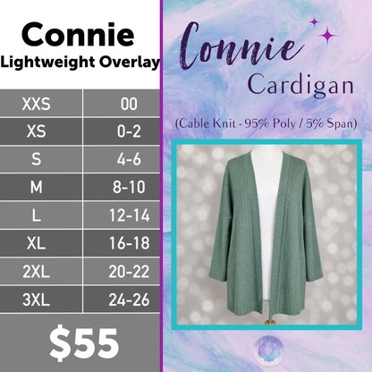 LuLaRoe Connie Lightweight Overlay in Solid Eucalyptus Green featuring a lightweight cable knit texture, open front cardigan, relaxed fit, and long sleeves layered over a white ribbed tank.