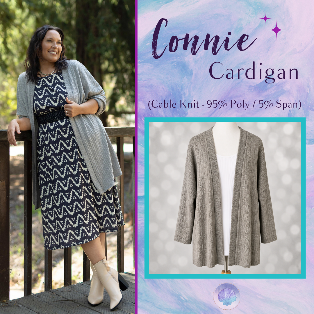 LuLaRoe Connie Lightweight Overlay in Solid Heather Gray featuring a lightweight cable knit texture, open front cardigan, relaxed fit, and long sleeves layered over a white ribbed tank.