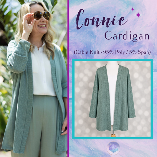 LuLaRoe Connie Lightweight Overlay in Solid Sage Mist featuring a lightweight cable knit texture, open front cardigan, relaxed fit, and long sleeves layered over a white ribbed tank.