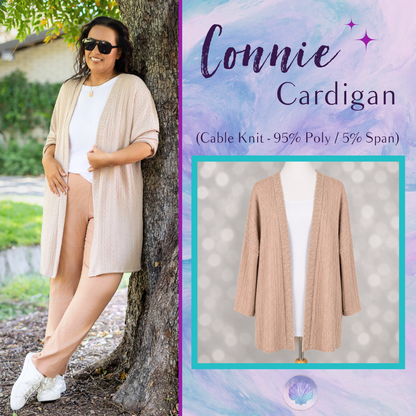 LuLaRoe Connie Lightweight Overlay in Solid Soft Blush featuring a lightweight cable knit texture, open front cardigan, relaxed fit, and long sleeves layered over a white ribbed tank.