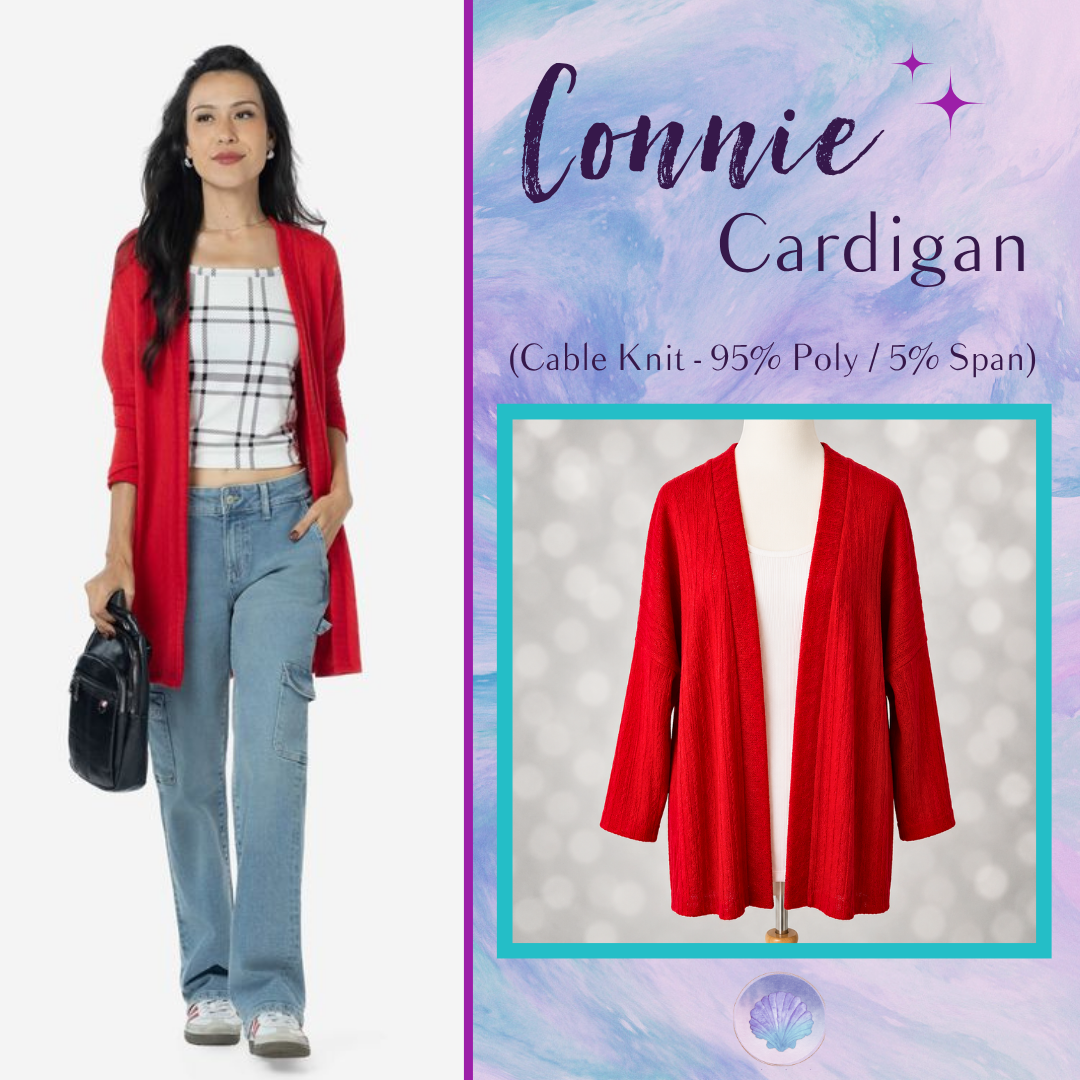 LuLaRoe Connie Lightweight Overlay in Solid True Red featuring a lightweight cable knit texture, open front cardigan, relaxed fit, and long sleeves layered over a white ribbed tank.