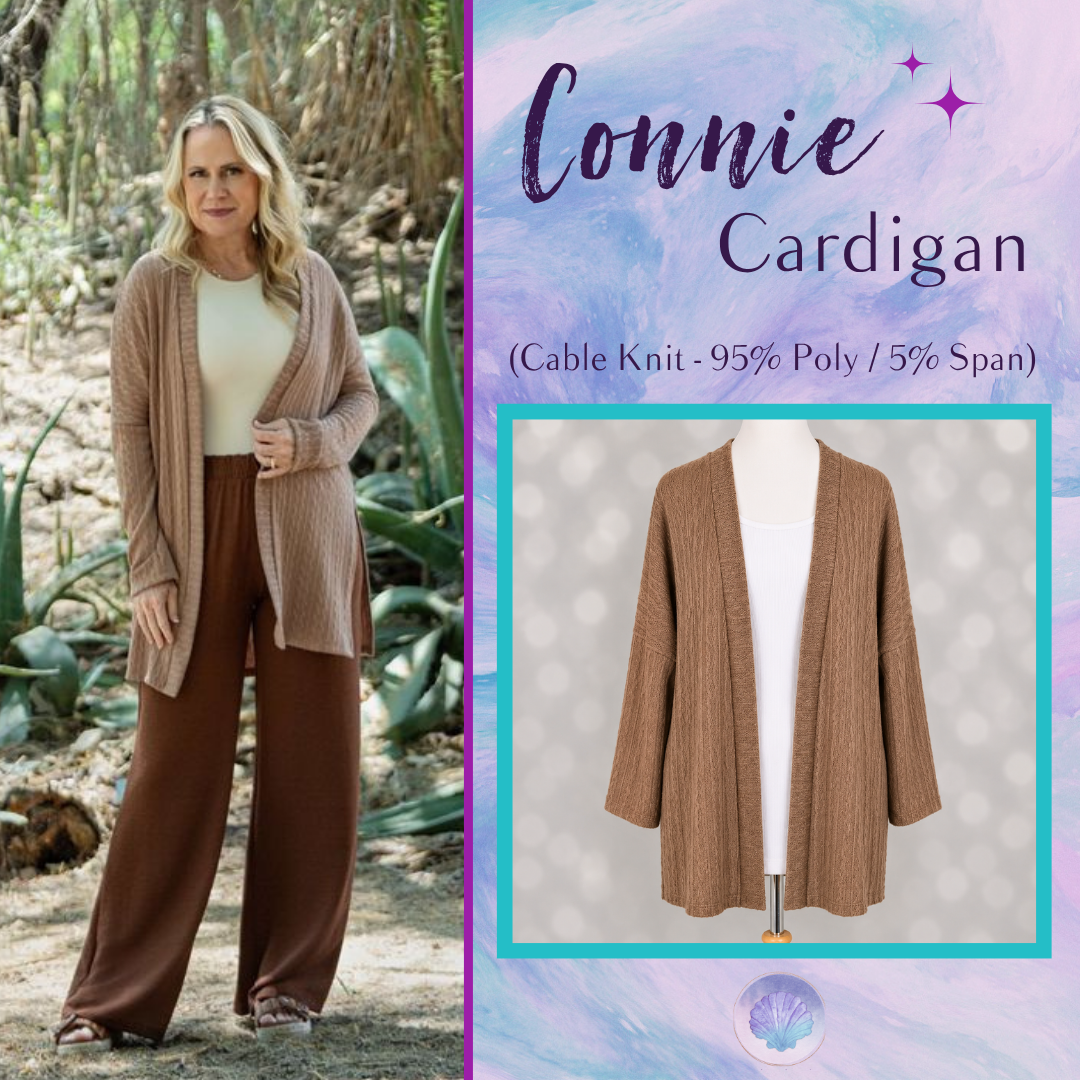 LuLaRoe Connie Lightweight Overlay in Solid Warm Caramel featuring a lightweight cable knit texture, open front cardigan, relaxed fit, and long sleeves layered over a white ribbed tank.