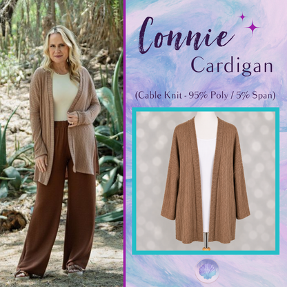 LuLaRoe Connie Lightweight Overlay in Solid Warm Caramel featuring a lightweight cable knit texture, open front cardigan, relaxed fit, and long sleeves layered over a white ribbed tank.