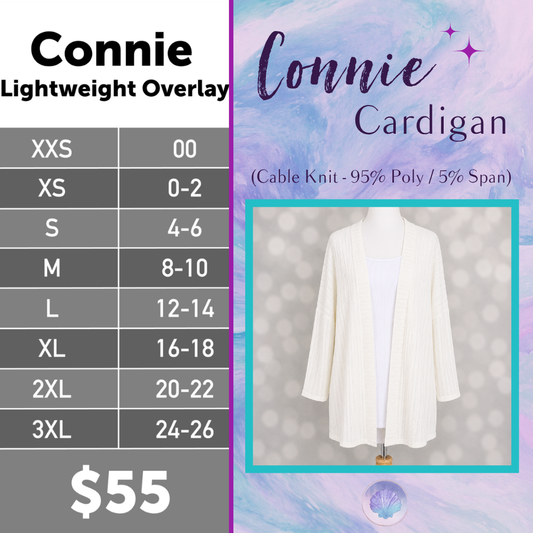 LuLaRoe Connie Lightweight Overlay in Solid White featuring a lightweight cable knit texture, open front cardigan, relaxed fit, and long sleeves layered over a white ribbed tank.