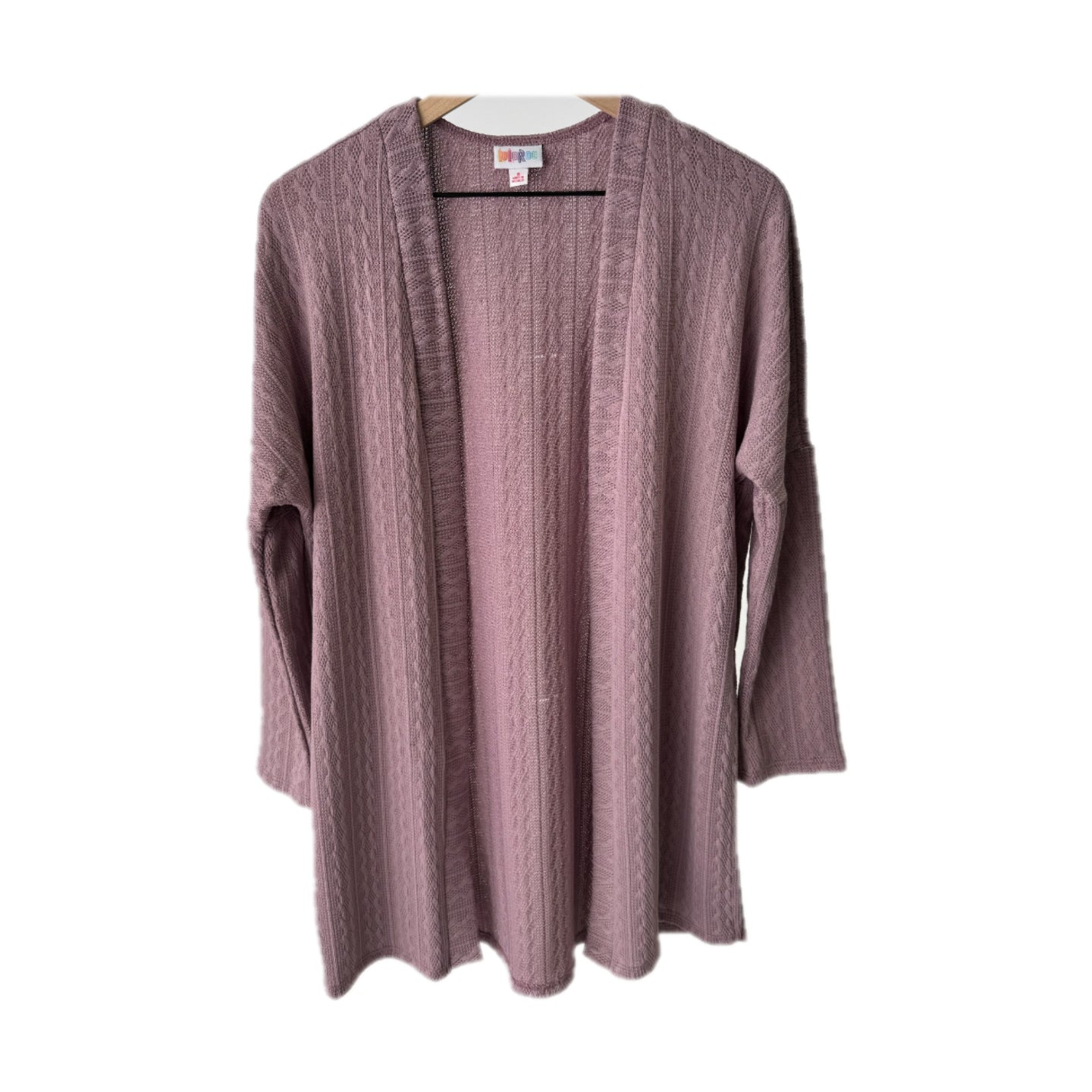 LuLaRoe Connie Lightweight Overlay in Solid Dusty Mauve featuring a lightweight cable knit texture, open front cardigan, relaxed fit, and long sleeves layered over a white ribbed tank.