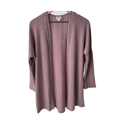 LuLaRoe Connie Lightweight Overlay in Solid Dusty Mauve featuring a lightweight cable knit texture, open front cardigan, relaxed fit, and long sleeves layered over a white ribbed tank.