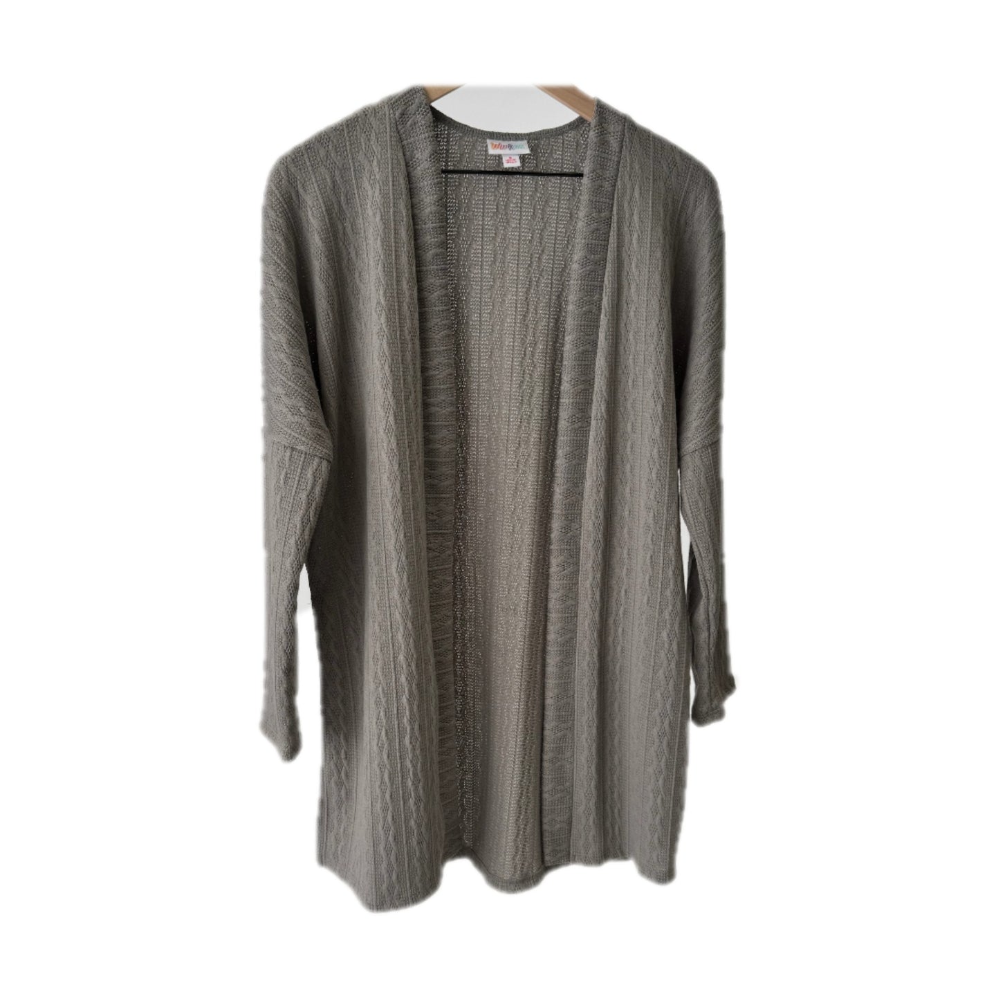 LuLaRoe Connie Lightweight Overlay in Solid Heather Gray featuring a lightweight cable knit texture, open front cardigan, relaxed fit, and long sleeves layered over a white ribbed tank.