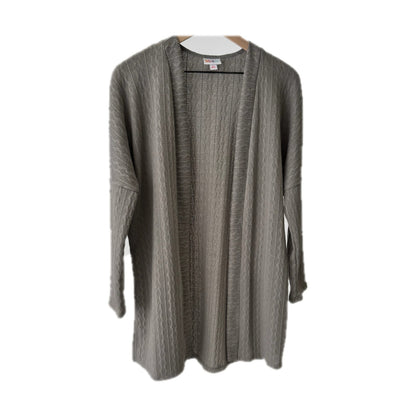 LuLaRoe Connie Lightweight Overlay in Solid Heather Gray featuring a lightweight cable knit texture, open front cardigan, relaxed fit, and long sleeves layered over a white ribbed tank.