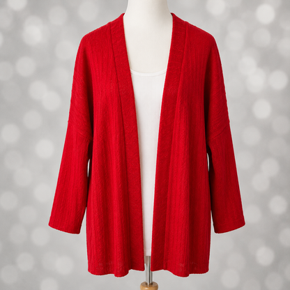 LuLaRoe Connie Lightweight Overlay in Solid True Red featuring a lightweight cable knit texture, open front cardigan, relaxed fit, and long sleeves layered over a white ribbed tank.