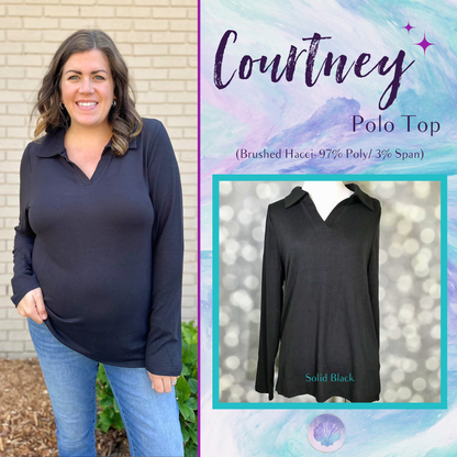 LuLaRoe Courtney Long Sleeve Polo Top in solid black shown on a mannequin against a soft gray bokeh background. Features a collared V-notch neckline, long sleeves, and a tailored silhouette in brushed hacci fabric.