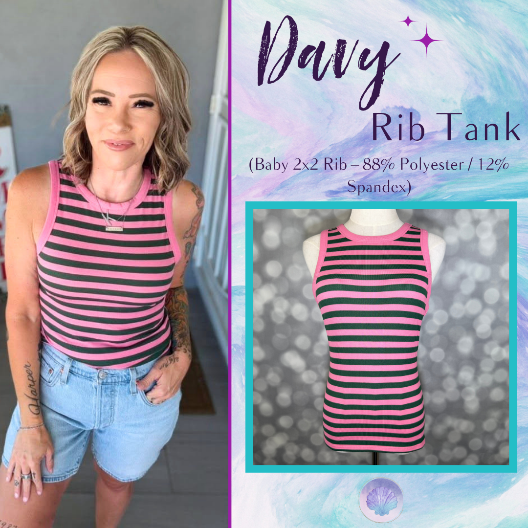LuLaRoe Davy Rib Tank – Dusty Rose & Deep Teal Horizontal Stripe