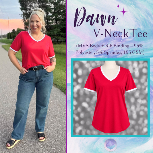 LuLaRoe Dawn V-Neck Tee in Solid Crimson Red with White Trim, front product view