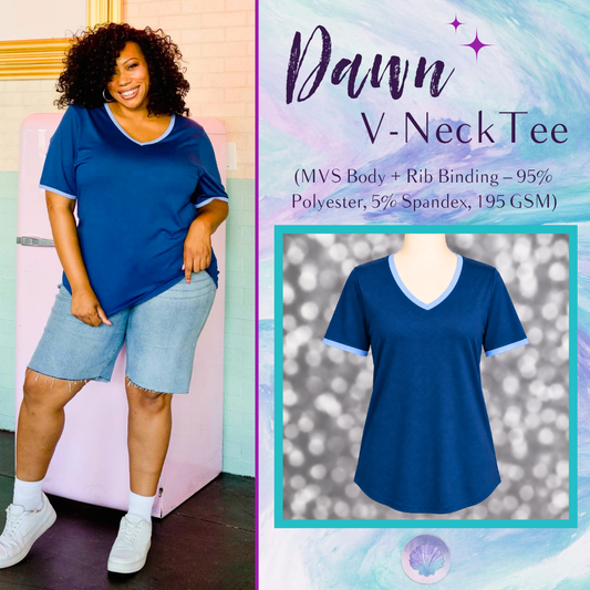 LuLaRoe Dawn V-Neck Tee in Solid Deep Navy Blue with Slate Blue Trim, front product view