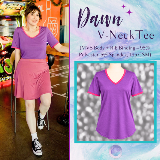 LuLaRoe Dawn V-Neck Tee in Solid Deep Purple with Fuchsia Pink Trim, front product view