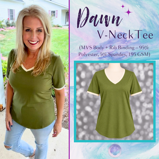 LuLaRoe Dawn V-Neck Tee in Solid Olive Green with Soft Ivory Trim, front product view