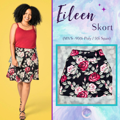 LuLaRoe Eileen Skort in Black, Burgundy and Blush Rose Floral shown styled on a model and laid flat with a flared silhouette