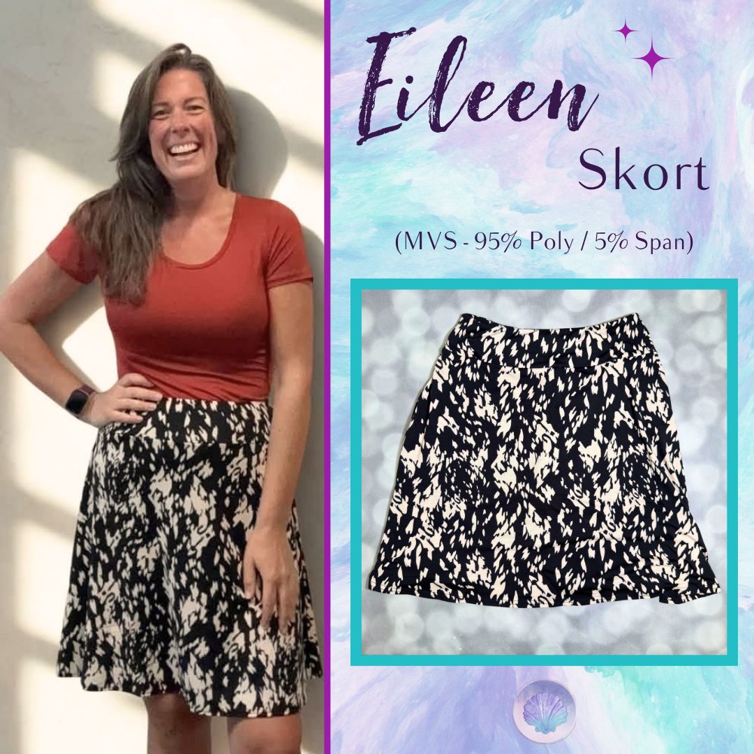 LuLaRoe Eileen Skort in Black and Ivory Abstract Print shown styled on a model and laid flat with a yoga waistband and flared silhouette