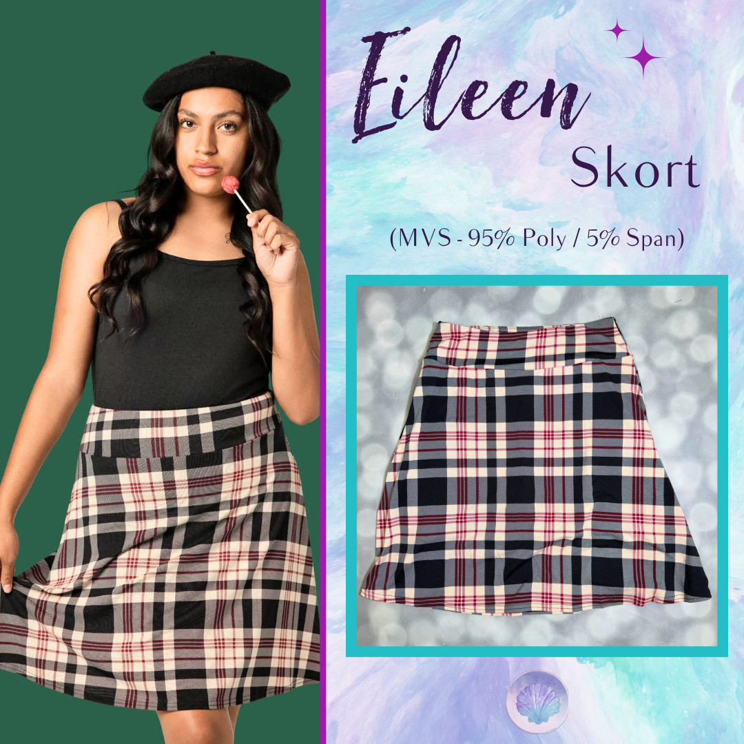 LuLaRoe Eileen Skort in Black, Ivory and Burgundy Plaid shown styled on a model and laid flat with a yoga waistband