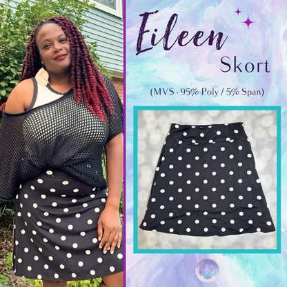 LuLaRoe Eileen Skort in Black and White Polka Dot shown styled on a model and laid flat with a yoga waistband and flared silhouette