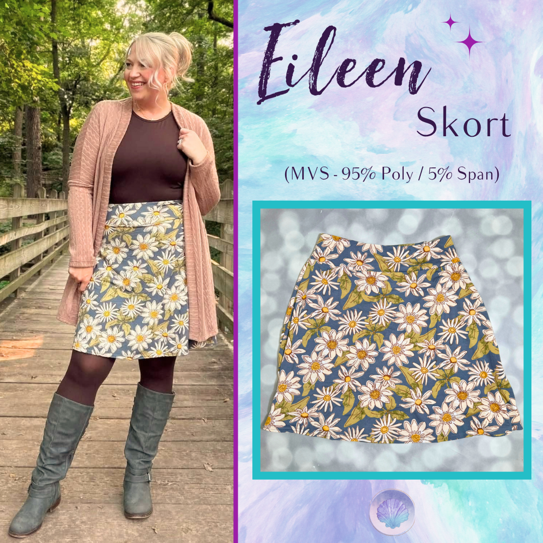 LuLaRoe Eileen Skort in Blue and Olive Daisy Floral shown styled on a model and laid flat with ivory daisies and a flared silhouette