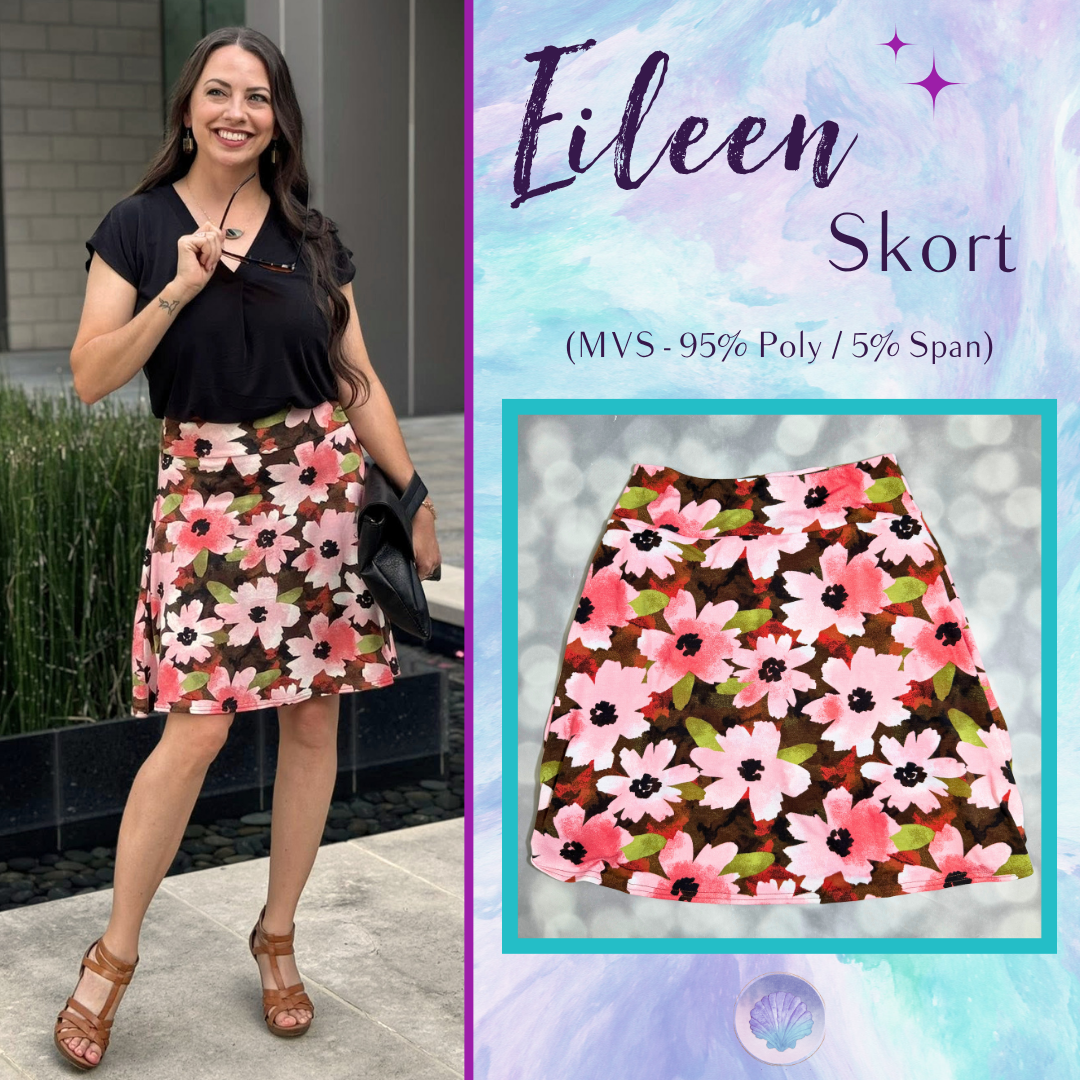 LuLaRoe Eileen Skort in Blush and Olive Watercolor Floral shown styled on a model and laid flat with a comfortable flared silhouette