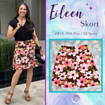 LuLaRoe Eileen Skort in Blush and Olive Watercolor Floral shown styled on a model and laid flat with a comfortable flared silhouette