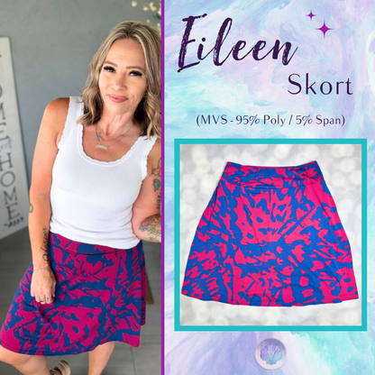 LuLaRoe Eileen Skort in Burgundy and Navy Abstract Print shown styled on a model and laid flat with a yoga waistband and flared silhouette
