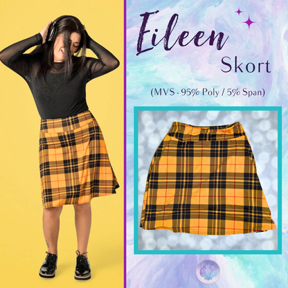 LuLaRoe Eileen Skort in Mustard, Navy and Rust Plaid shown styled on a model and laid flat with a yoga waistband and flared silhouette