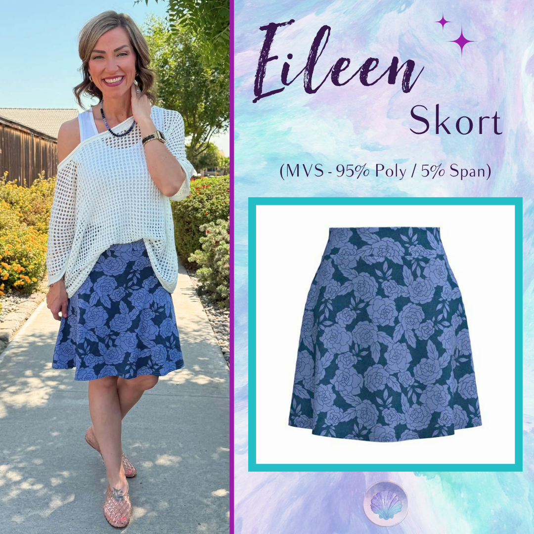 LuLaRoe Eileen Skort in Navy and Dusty Blue Tonal Rose Floral shown styled on a model and laid flat with a flared silhouette