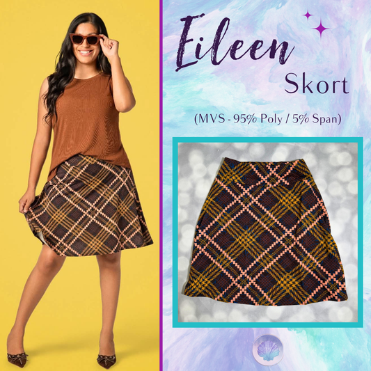 LuLaRoe Eileen Skort in Navy, Mustard and Blush Plaid shown styled on a model and laid flat with a graphic plaid pattern