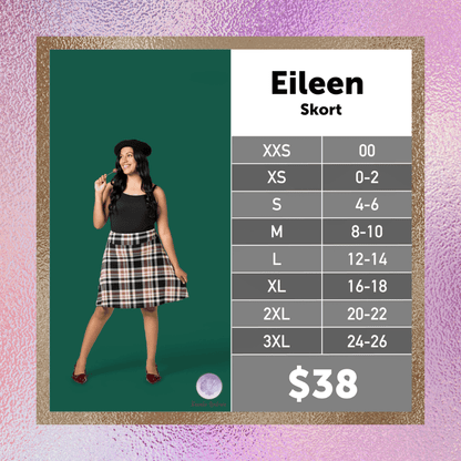 LuLaRoe Eileen Skort size chart for women's sizes XXS through 3XL