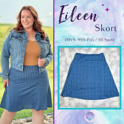 LuLaRoe Eileen Skort in Slate Blue Micro Houndstooth shown styled on a model and laid flat with a flared silhouette