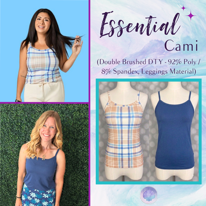 LuLaRoe Essential Cami 2-Pack featuring a camel, ivory and blue plaid cami and a solid denim blue cami displayed on dress forms