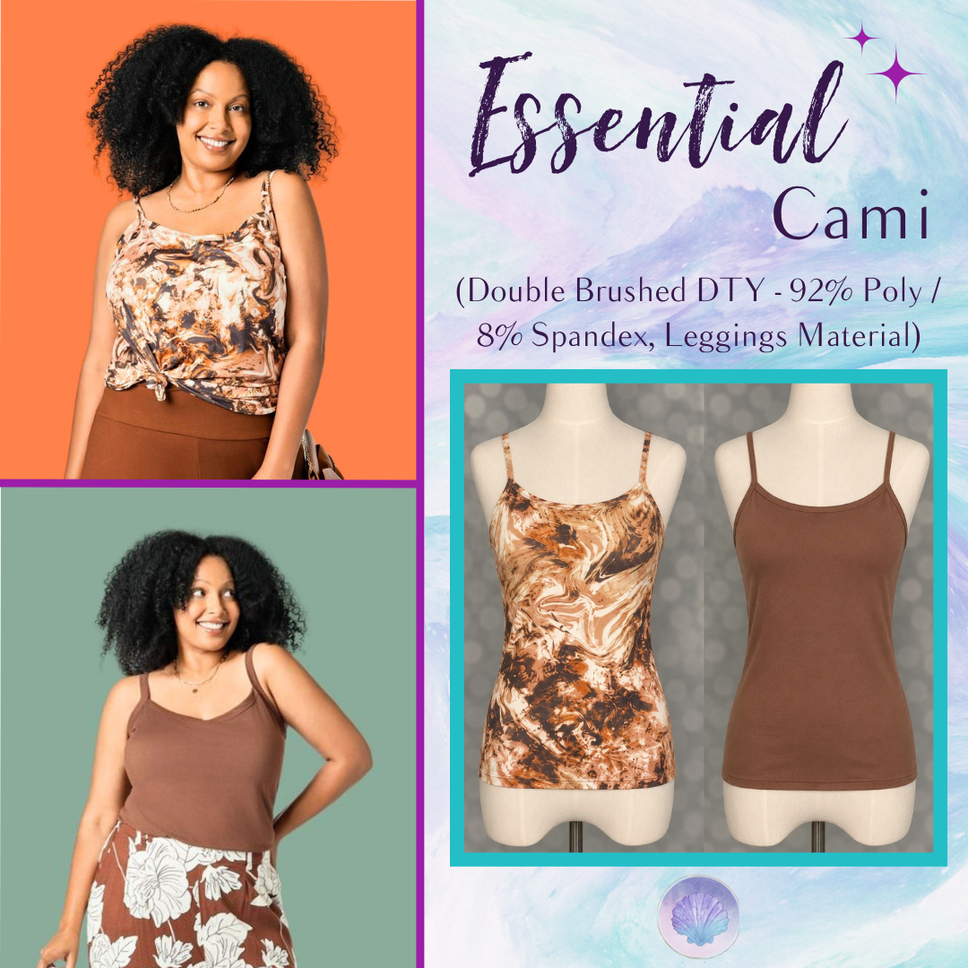 LuLaRoe Essential Cami 2-Pack featuring a brown and cream marbled abstract cami and a solid cocoa brown cami displayed on dress forms