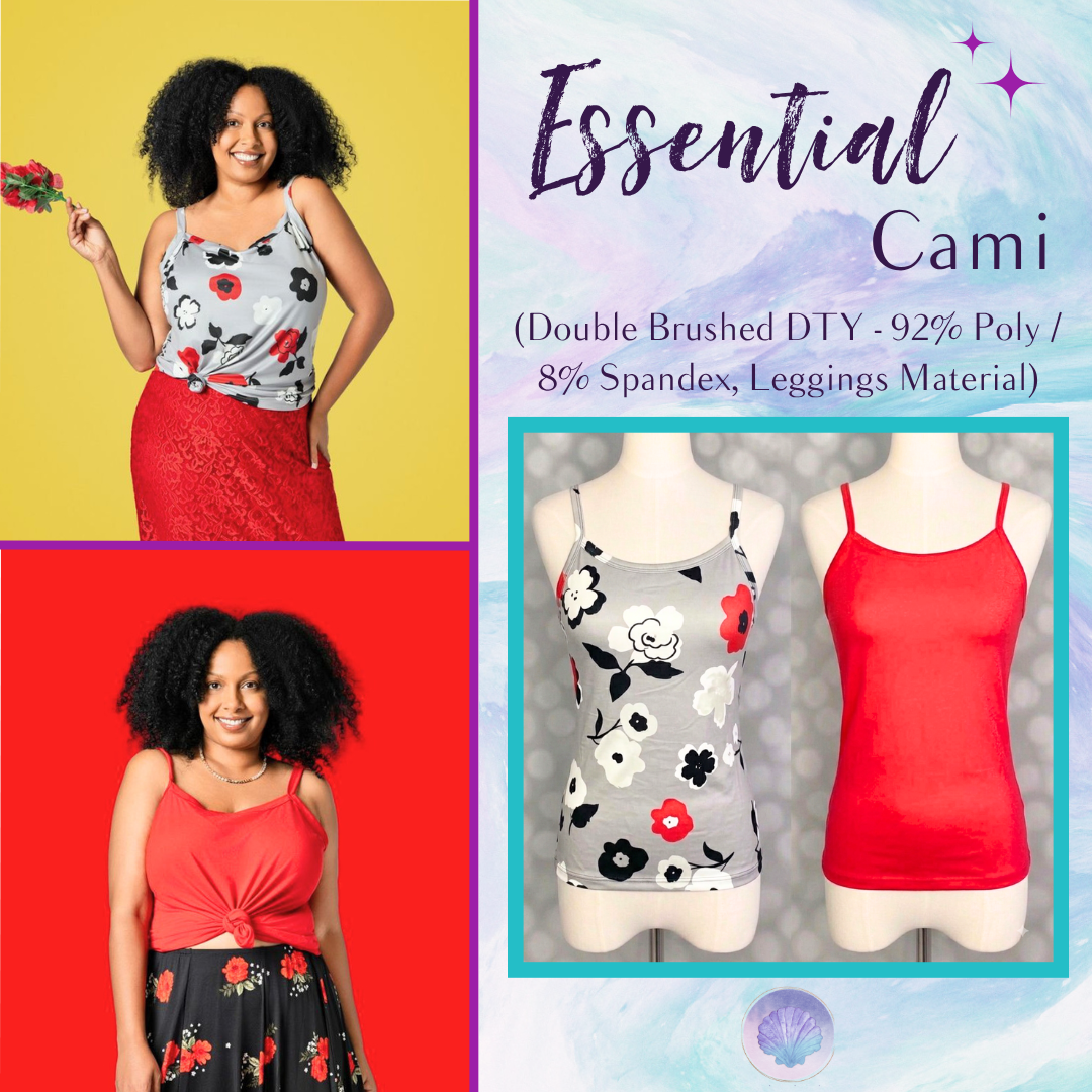 LuLaRoe Essential Cami 2-Pack featuring a gray, black, white and red mod floral cami and a solid crimson red cami displayed on dress forms