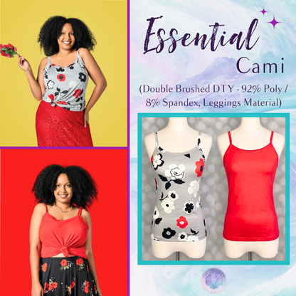 LuLaRoe Essential Cami 2-Pack featuring a gray, black, white and red mod floral cami and a solid crimson red cami displayed on dress forms
