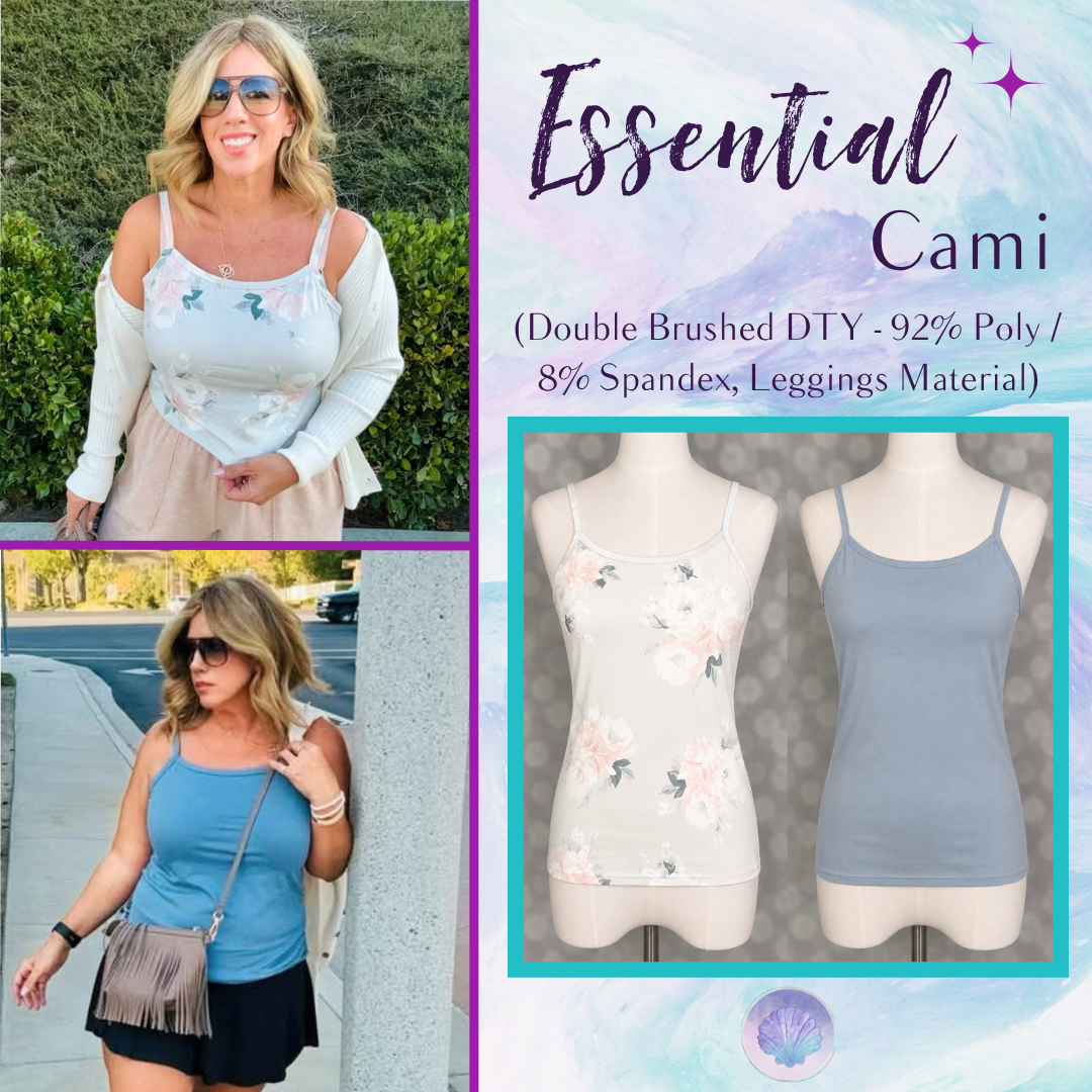 LuLaRoe Essential Cami 2-Pack featuring a light blue and blush watercolor floral cami and a solid light blue cami displayed on dress forms