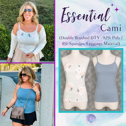 LuLaRoe Essential Cami 2-Pack featuring a light blue and blush watercolor floral cami and a solid light blue cami displayed on dress forms