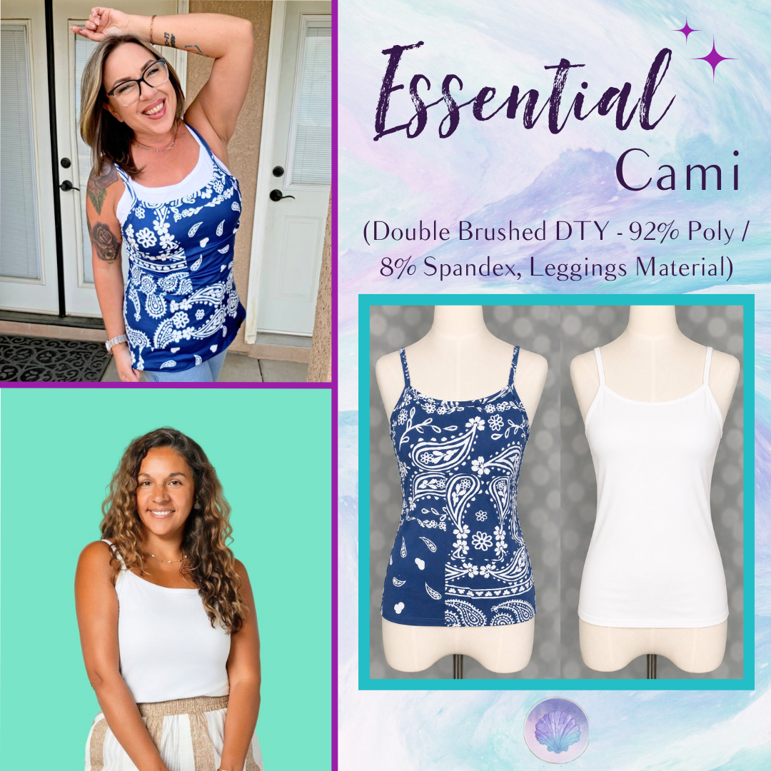 LuLaRoe Essential Cami 2-Pack featuring a navy and white bandana paisley patchwork cami and a solid white cami displayed on dress forms