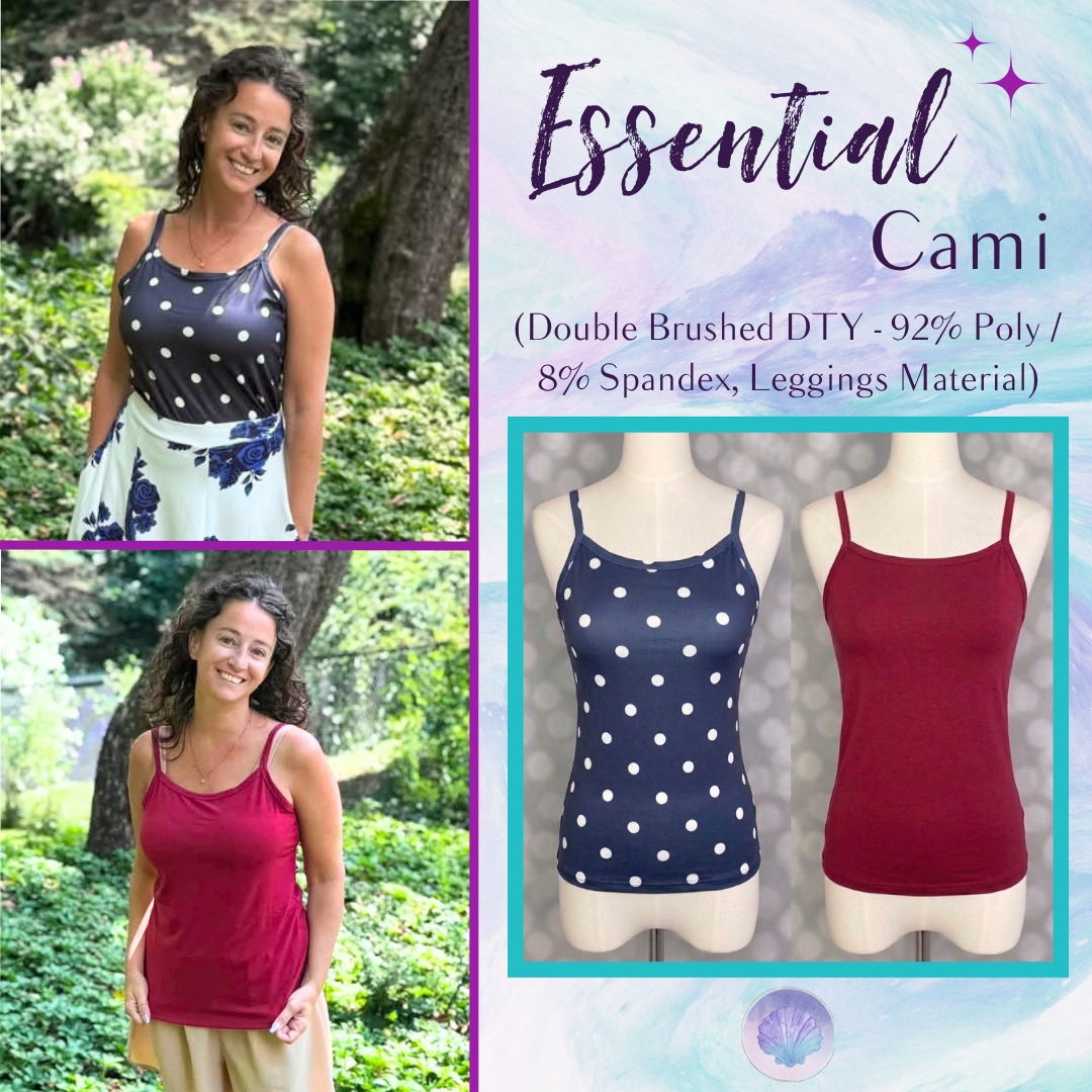 LuLaRoe Essential Cami 2-Pack featuring a navy and white polka dot cami and a solid burgundy cami displayed on dress forms