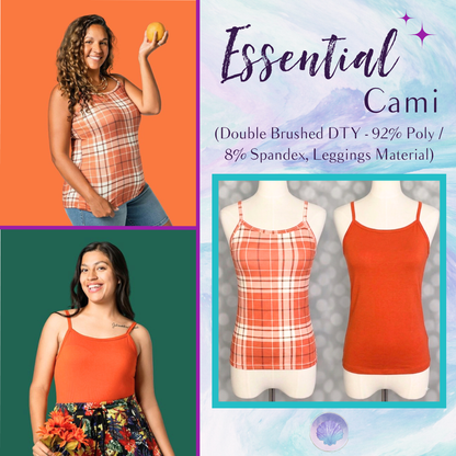 LuLaRoe Essential Cami 2-Pack featuring a rust and ivory plaid cami and a solid burnt orange cami displayed on dress forms