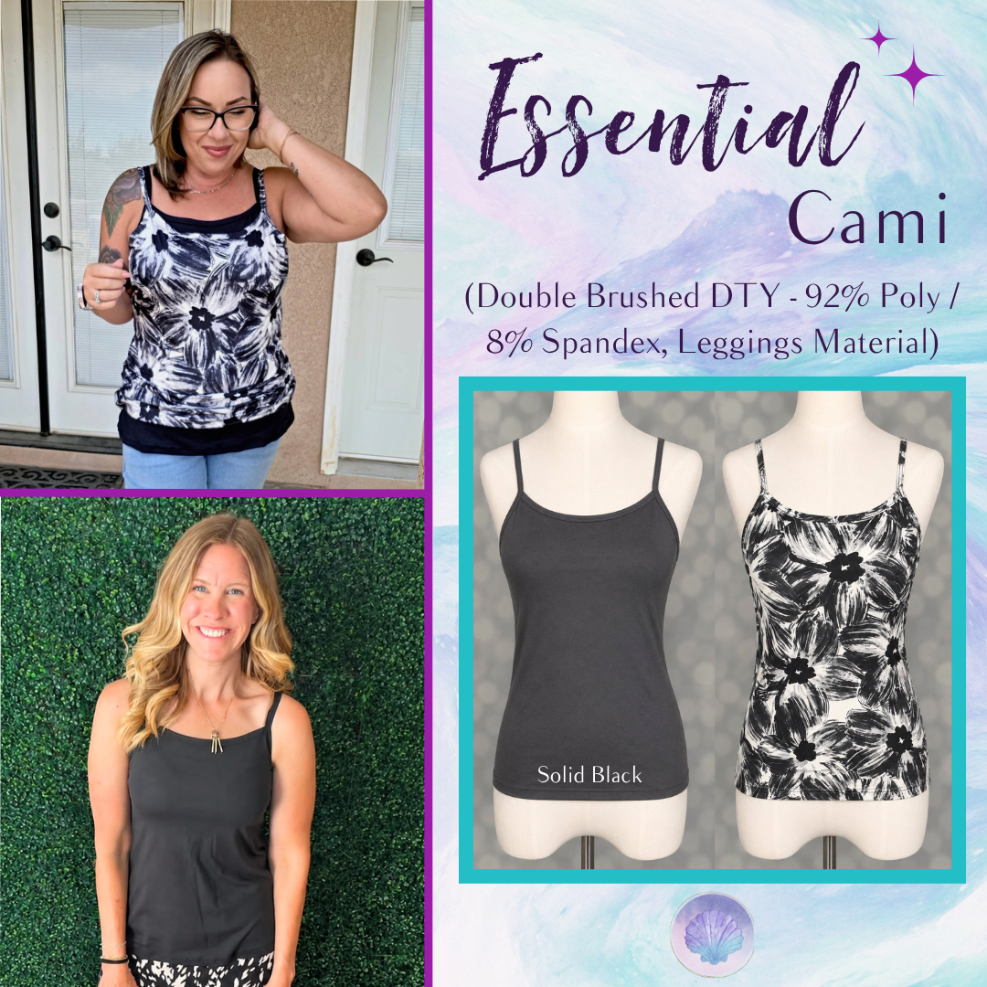 LuLaRoe Essential Cami 2-Pack featuring a solid black cami and a black and ivory brushstroke floral cami displayed on dress forms