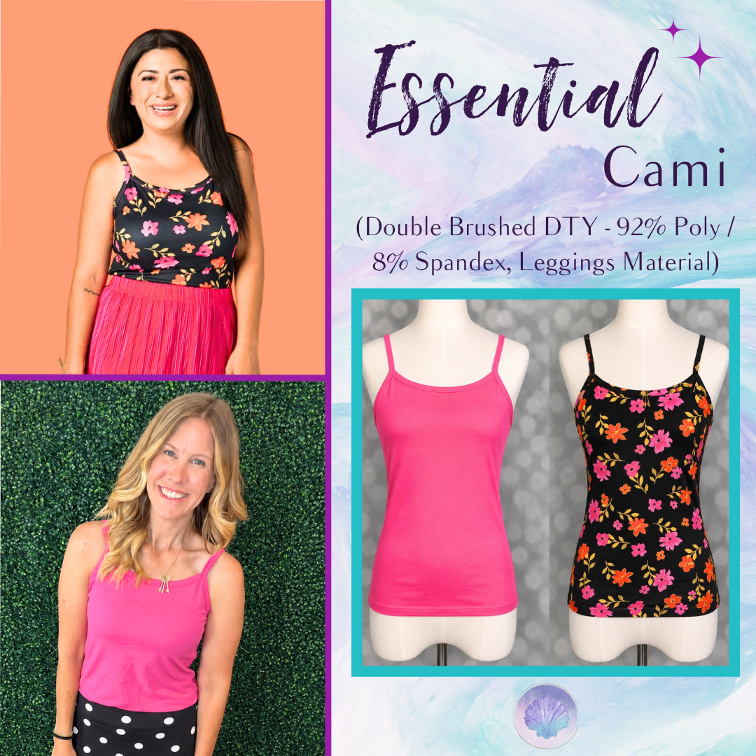 LuLaRoe Essential Cami 2-Pack featuring a solid fuchsia pink cami and a black, fuchsia and orange ditsy floral cami displayed on dress forms