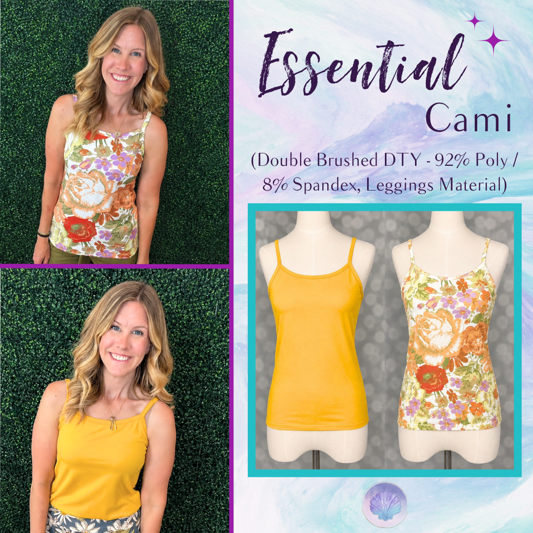 LuLaRoe Essential Cami 2-Pack featuring a solid golden mustard cami and an ivory, rust and lavender vintage floral cami displayed on dress forms