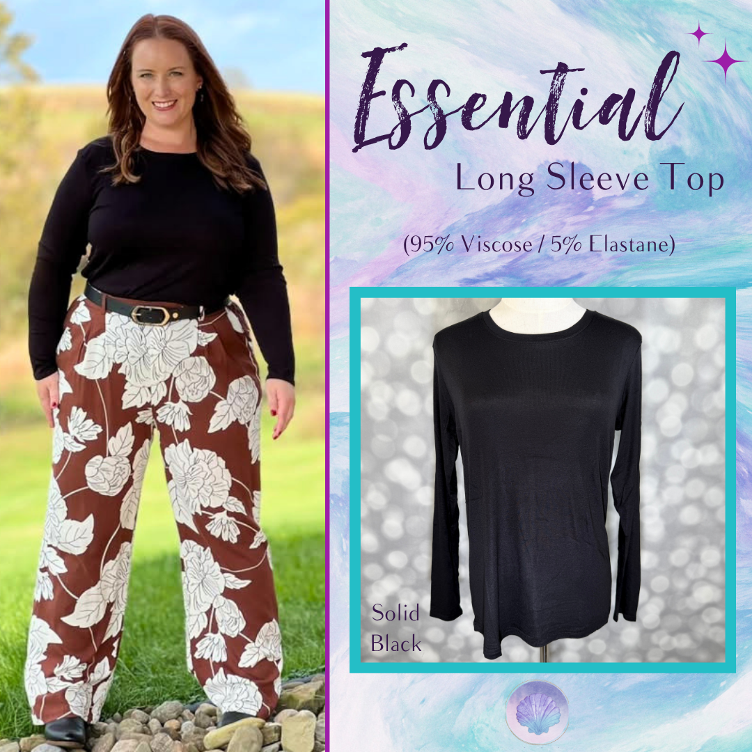 LuLaRoe Essential Long Sleeve Top Solid Black - women’s crewneck stretch baby rib long sleeve shirt, product photo 1