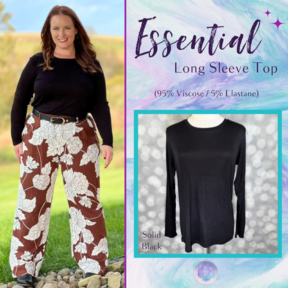 LuLaRoe Essential Long Sleeve Top Solid Black - women’s crewneck stretch baby rib long sleeve shirt, product photo 1