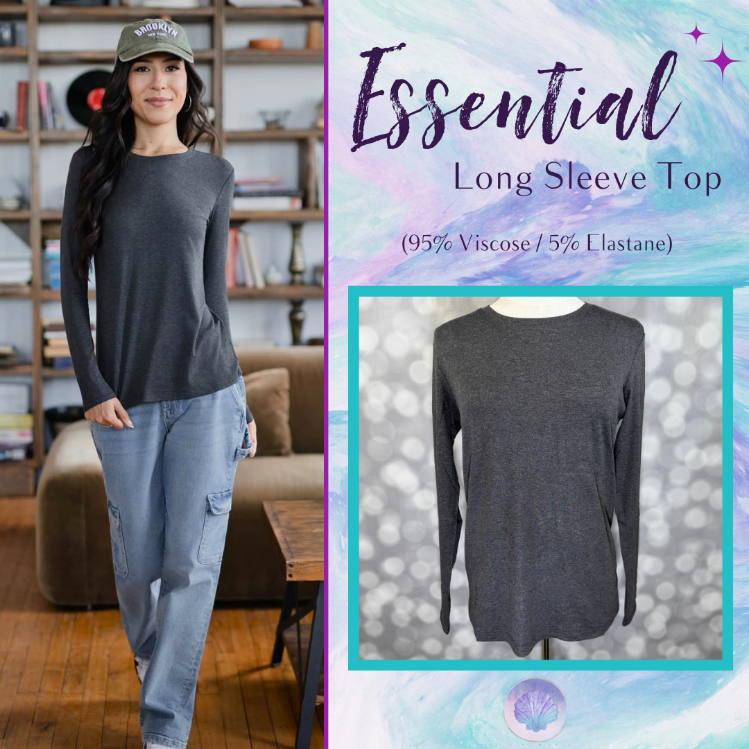 LuLaRoe Essential Long Sleeve Top Solid Heather Charcoal - women’s crewneck stretch baby rib long sleeve shirt, product photo 1