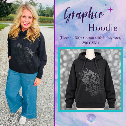 LuLaRoe Graphic Hoodie in black with a charcoal tonal floral graphic displayed on a mannequin.