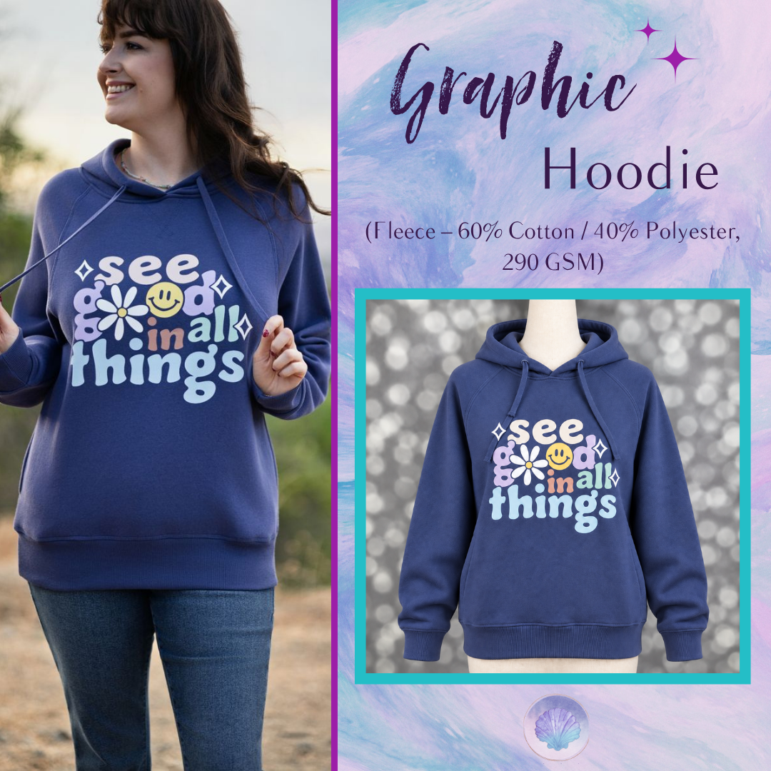 LuLaRoe Graphic Hoodie in dusty navy with a colorful See Good in All Things graphic displayed on a mannequin.